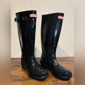 HUNTER Original TALL Glossy GLOSS Shiny BLACK BOOTS rainboots side WOMENS US  7